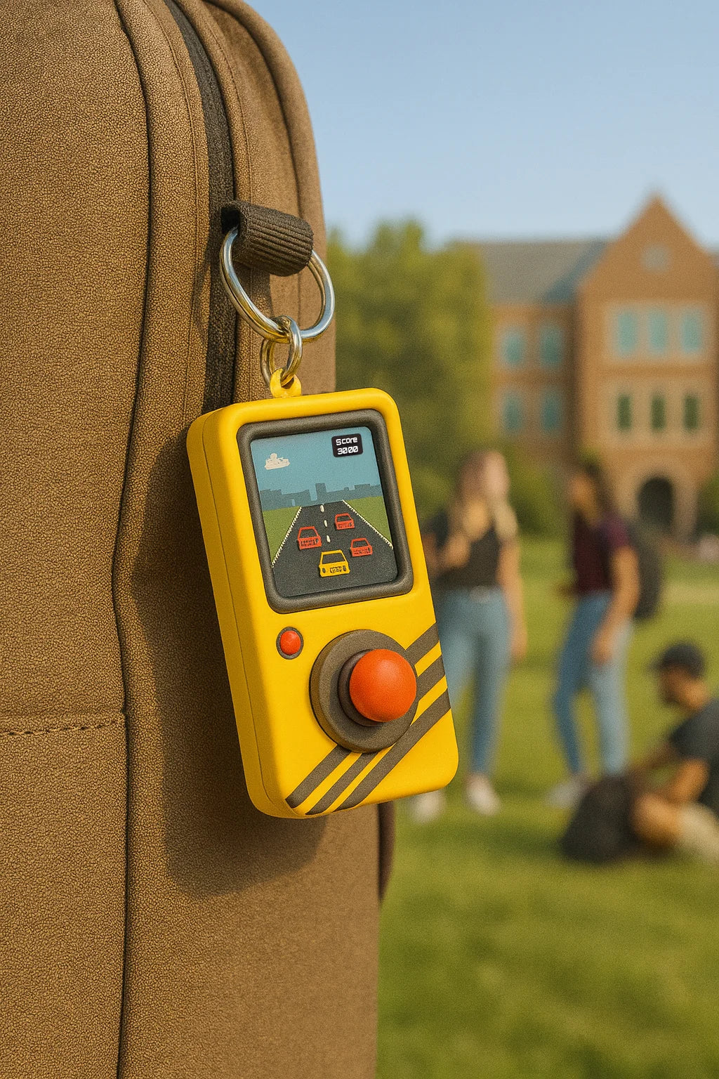 Yellow retro joystick console hanging from a backpack, with students in the background.