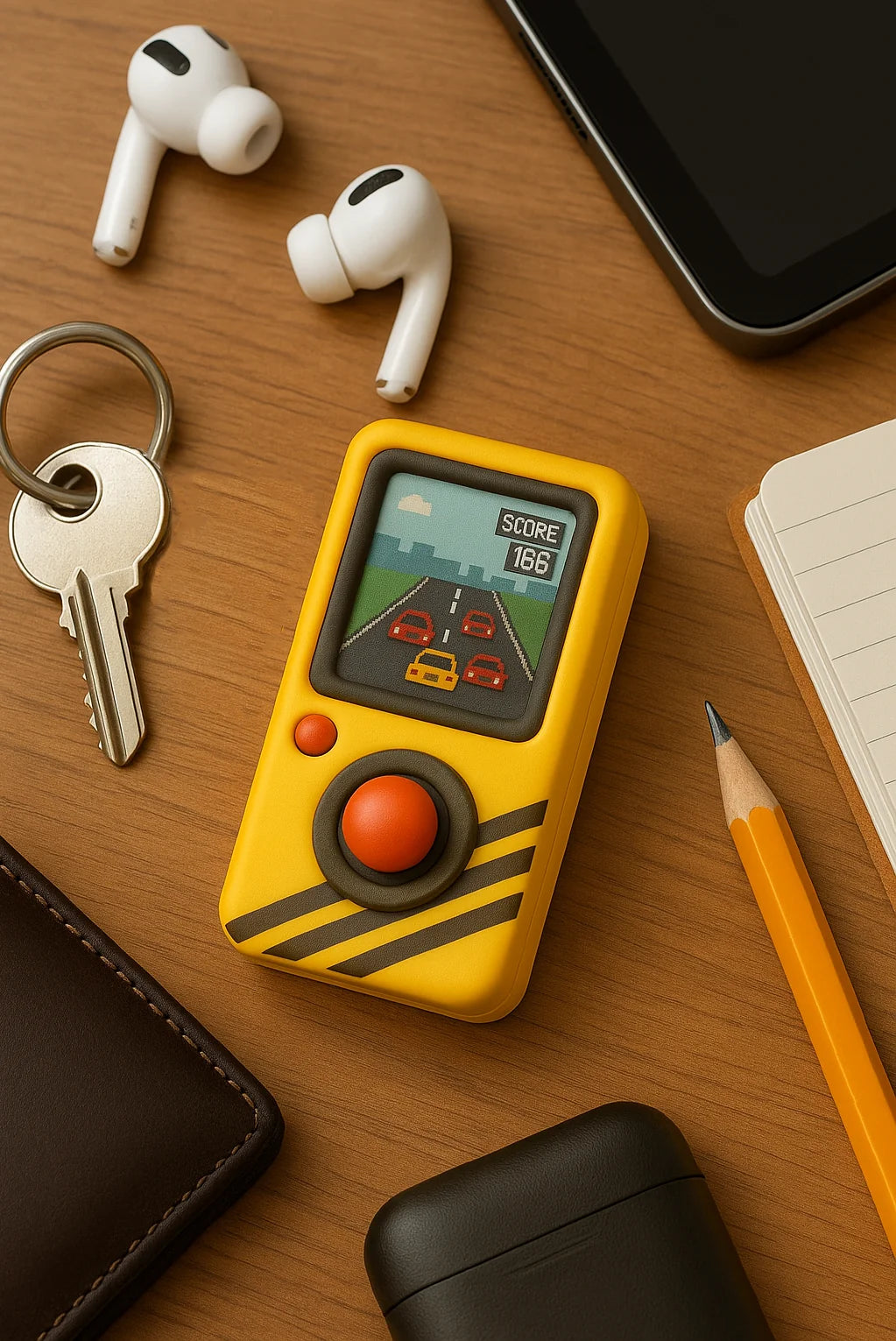 Yellow retro joystick console on a wooden desk with a pencil, a notebook, an iPad, AirPods, keys and a wallet.