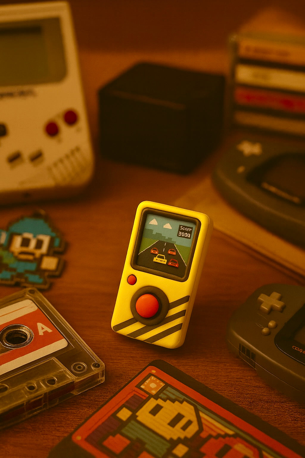 Yellow retro joystick console placed among vintage gaming items on a wooden surface.