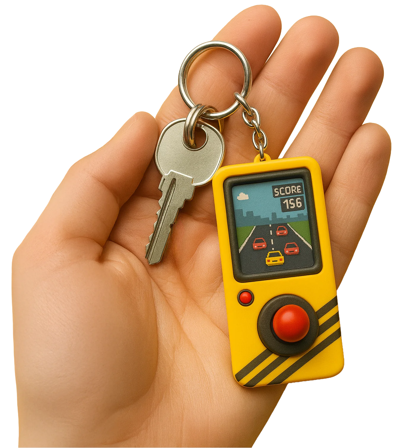 Hand holding a yellow retro joystick console with a key attached.